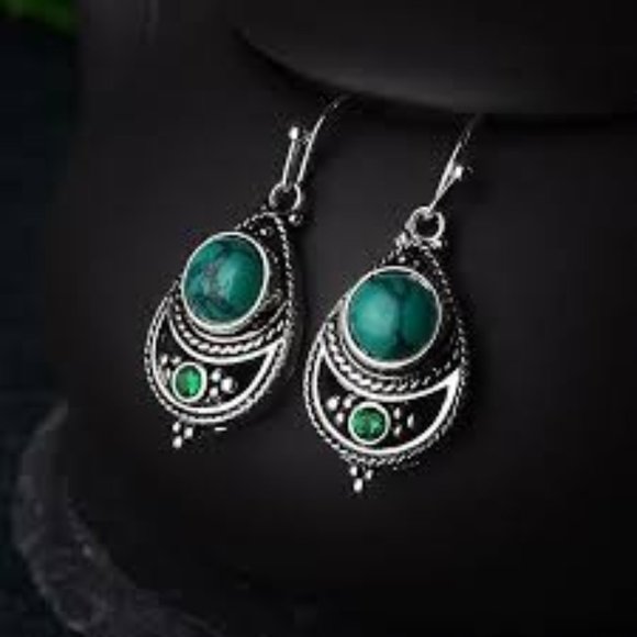Turquoise & Green Stone Boho Silver Earrings - Picture 3 of 5